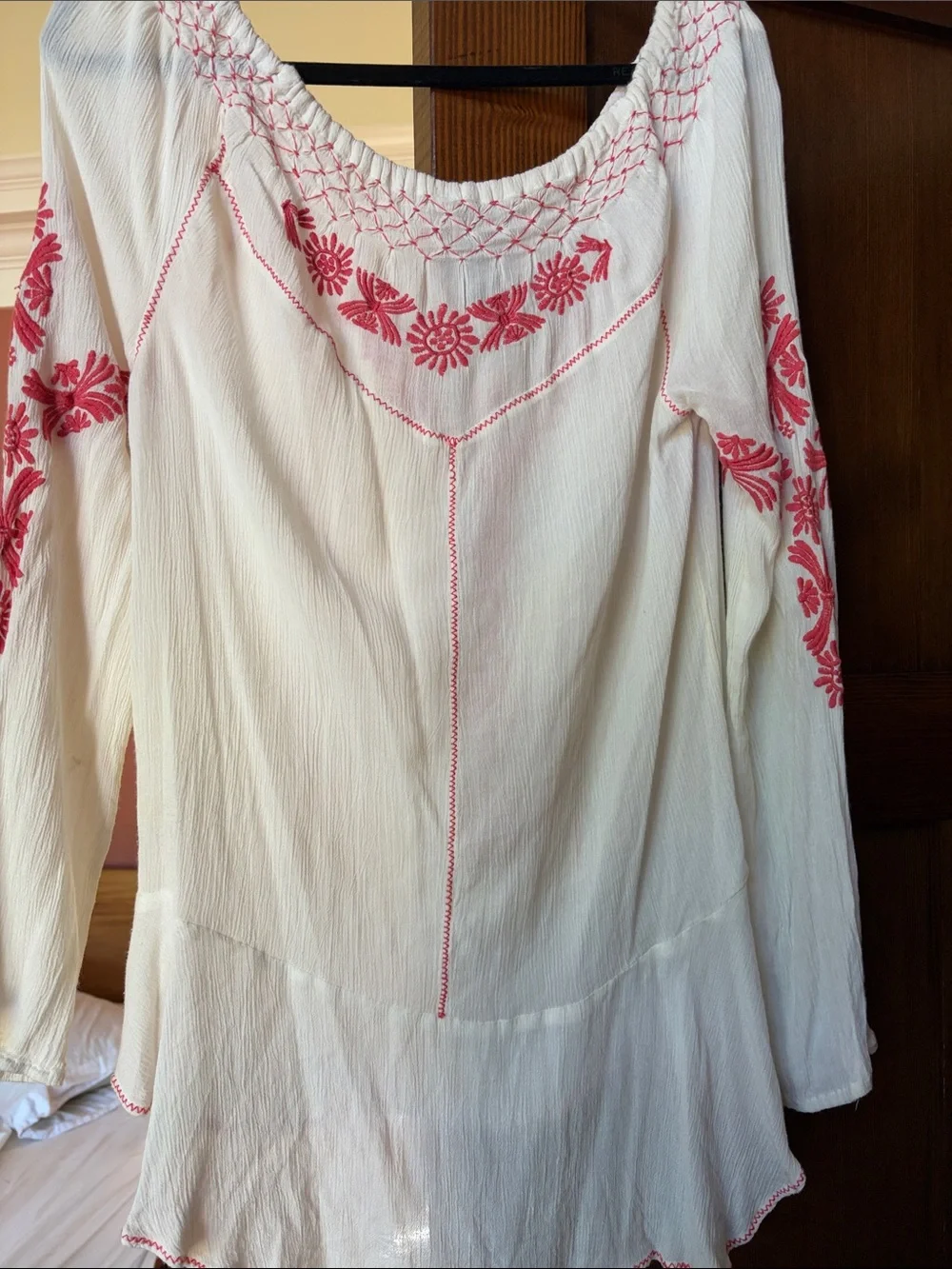 Free People White Blouse with Pink Embroidery
